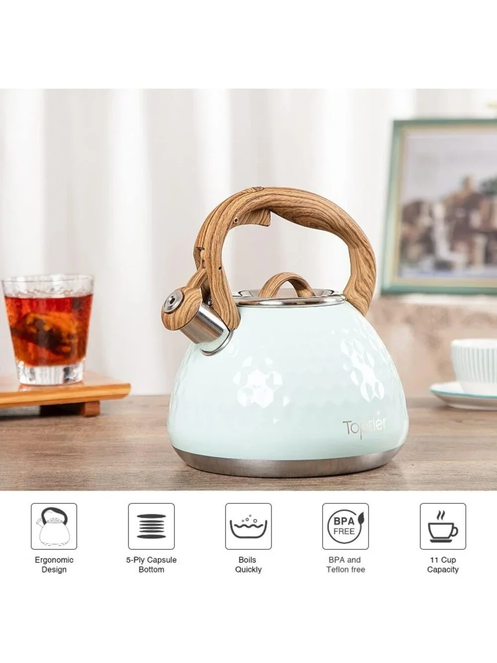 Light Green Kitchen Whistling Tea Kettle 2.7-QT Stainless Steel Diamond Design
